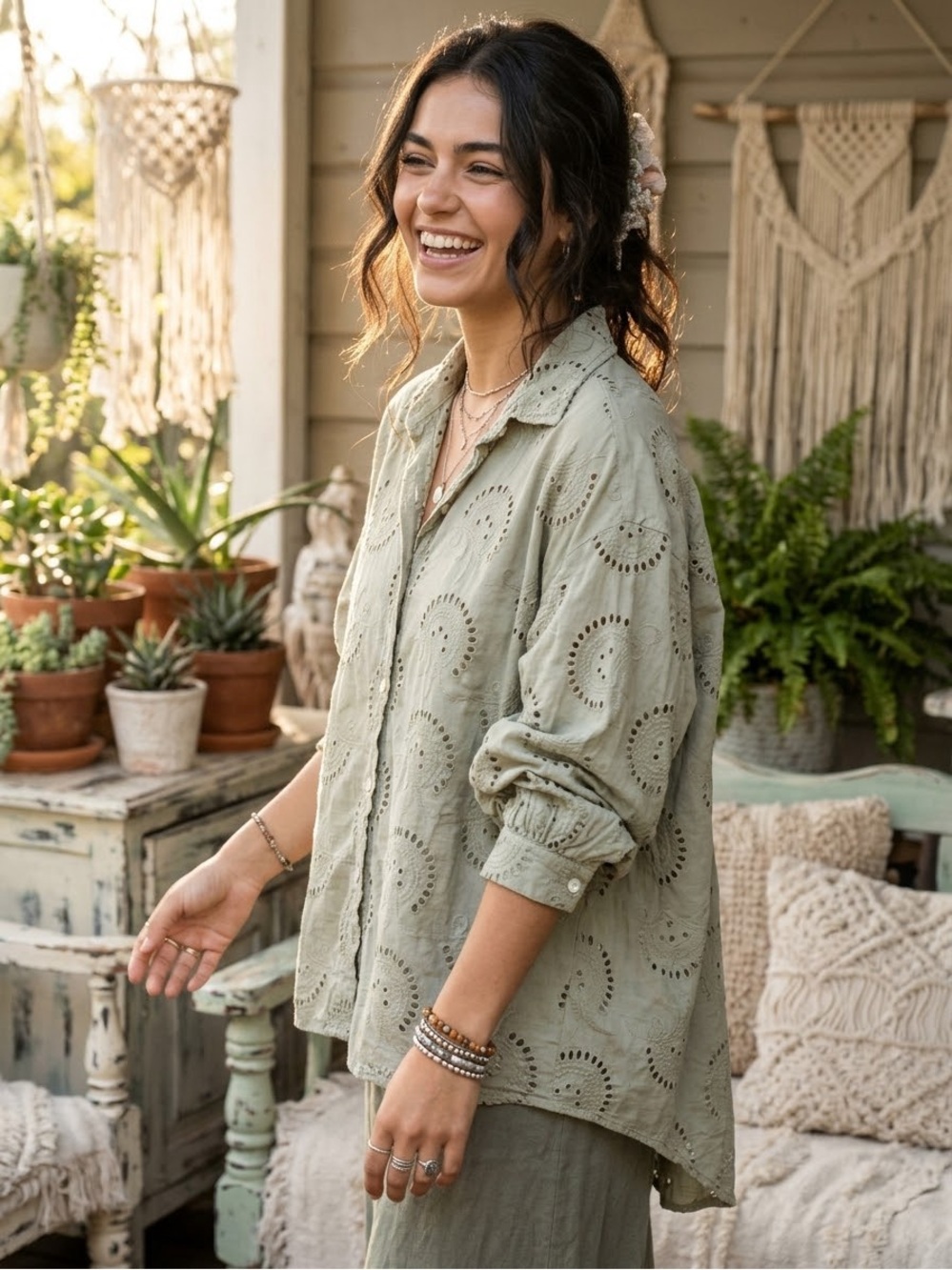 Boho Floral Eyelet Embroidery oversized button down cotton Top Sage Green